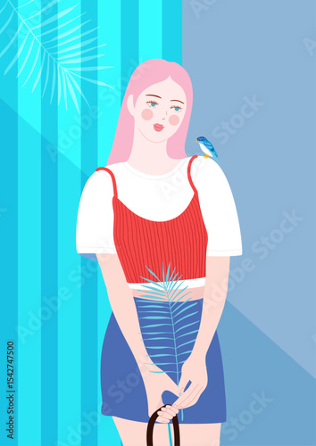 새와 함께 조용한 여름을 즐기는 소녀의 초상
