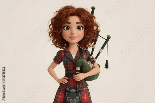 Cartoon girl in a kilt, holding bagpipes