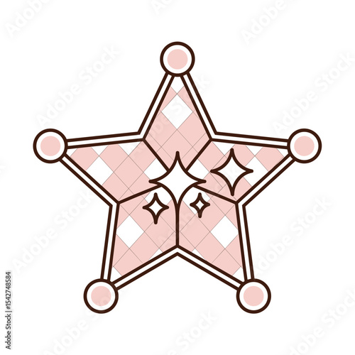 title suggestions: Checkered Star with Whimsical Design Pink Star Emblem with Dotted Tips Decorative Pink Star with Floral Accents