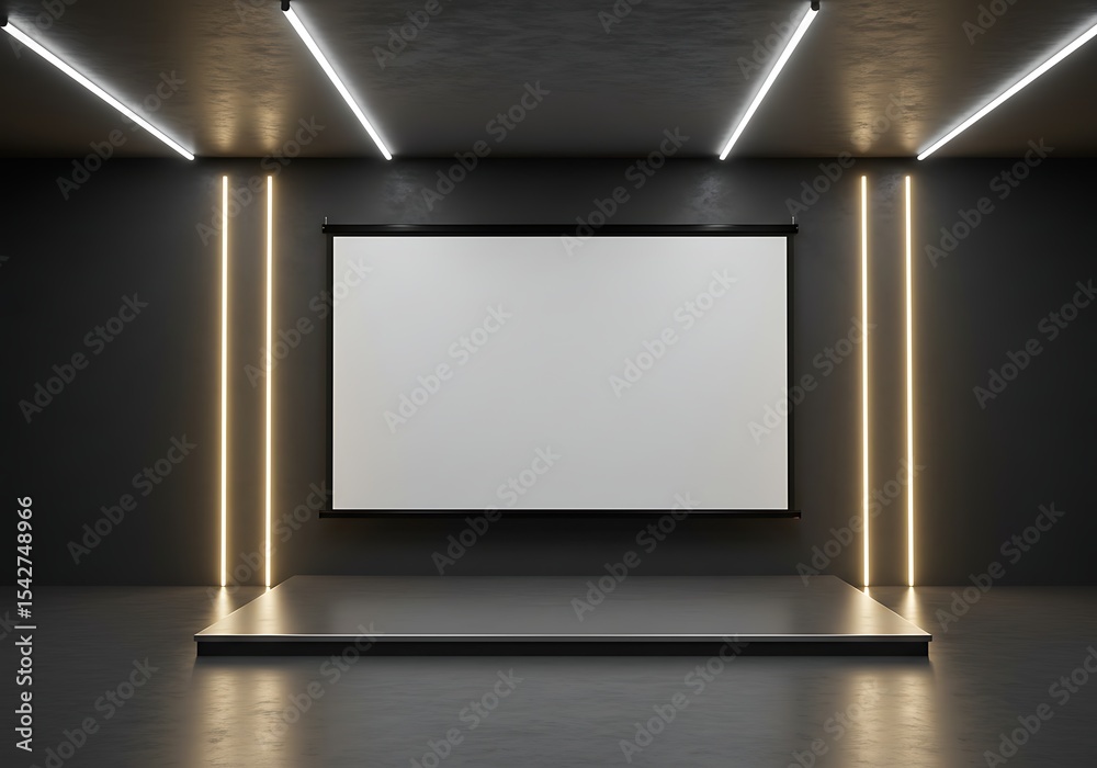 Modern presentation room with blank screen and neon light decoration background Modern presentation room with blank screen and neon light decoration background