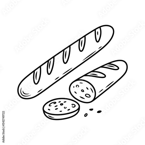 Hand drawn vector illustration of sausage loaf slice and grains