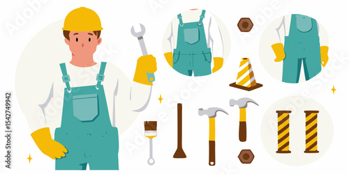 Construction Worker Illustration with Tools and Equipment for Building and Renovation Projects Vector Design on White Background