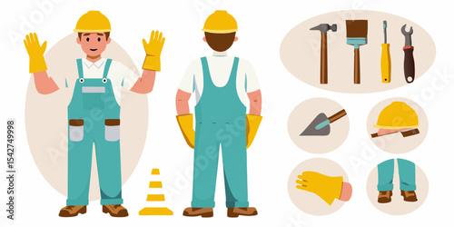 Construction Worker Illustration with Tools and Safety Gear Front and Back View Flat Vector Style Isolated on White Background