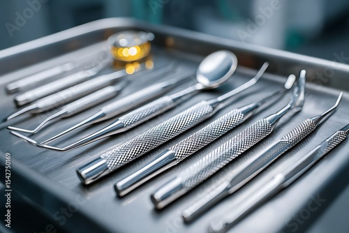 A set of stainless steel dental tools arranged on an empty tray, ready for use in the office setting.