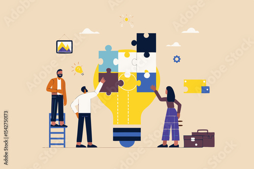 Teamwork and collaboration to solve problems business people connecting puzzle pieces to create a lightbulb idea innovation and solutions concept