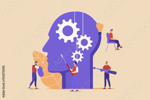 Teamwork and Problem Solving Concept with People Working on Gears Inside a Head to Generate Ideas and Solutions