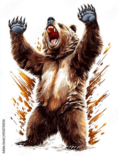 Roaring Grizzly Bear Illustration Powerful Wildlife Art
