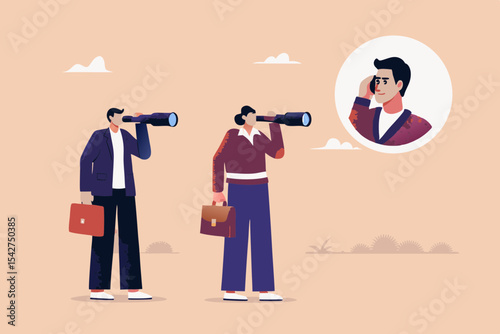 Business visionaries searching for opportunity businessman and businesswoman looking through telescope future success leadership innovation and strategic planning concept