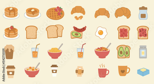 Assortment of illustrated breakfast food items, arranged on a light background.