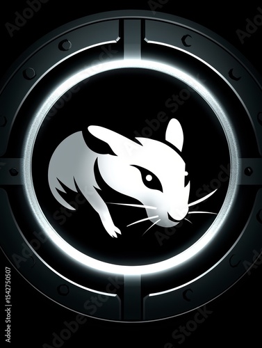 Stylized White Rodent Icon in Circular Metallic Frame