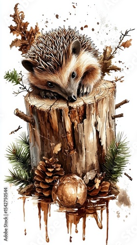 Adorable Hedgehog Resting on a Tree Stump Watercolor Painting