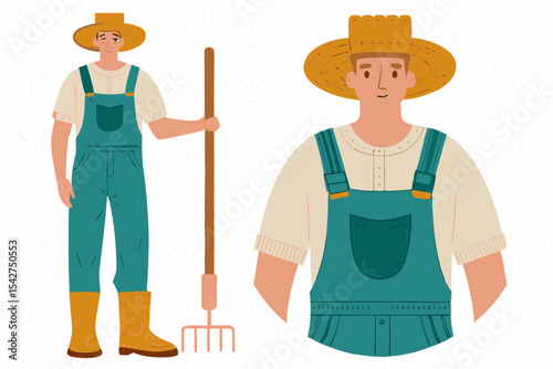 Illustration of a male farmer in overalls with straw hat and rake close up of farmer in overalls and hat