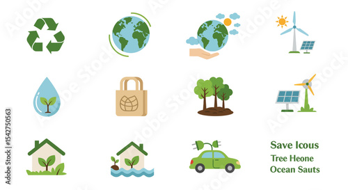 Collection of eco-friendly icons representing sustainable practices and environmental awareness.