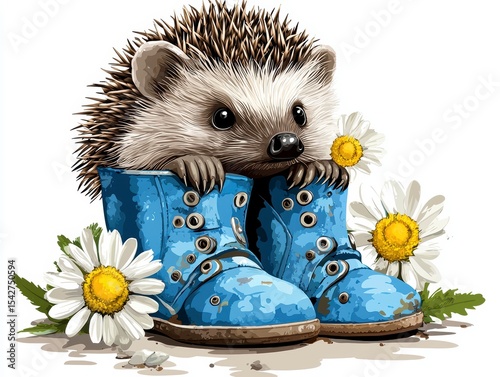 Adorable Hedgehog in Tiny Blue Boots Surrounded by Daisies