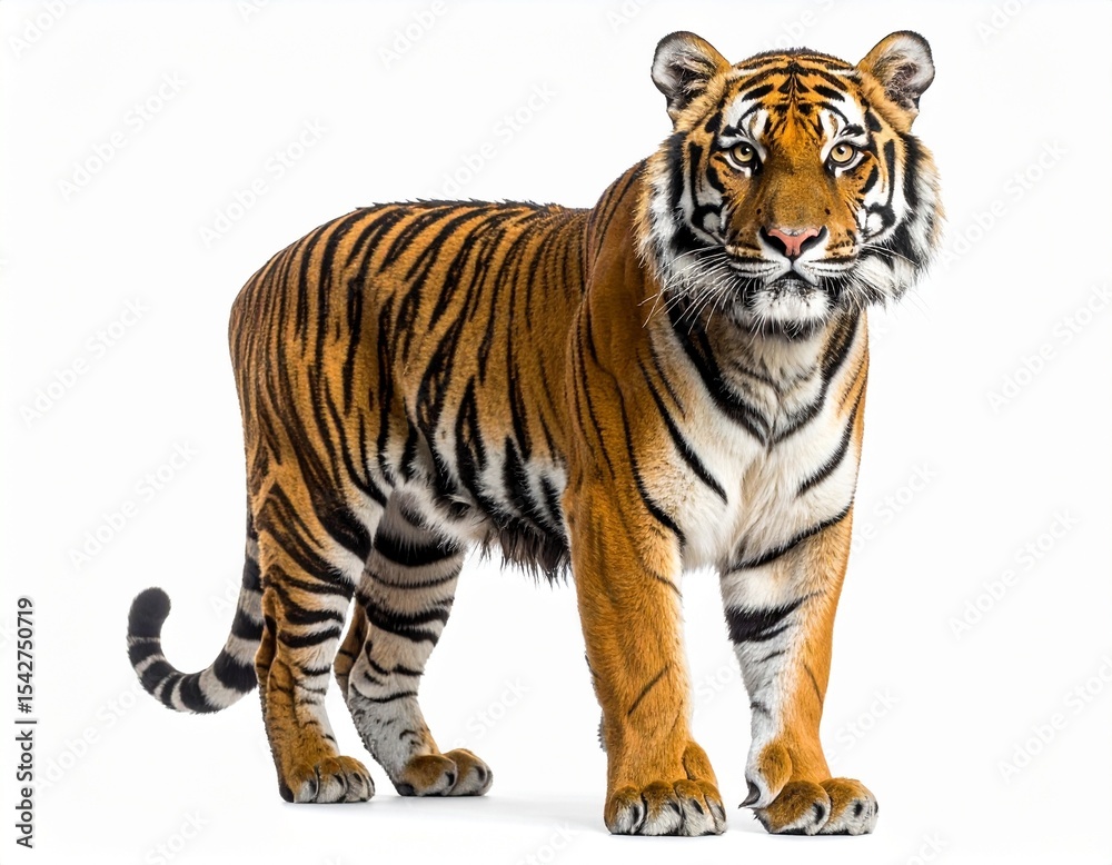 Obraz premium Realistic photo of a single tiger standing on a pure white background, full body, sharp details in fur and eyes