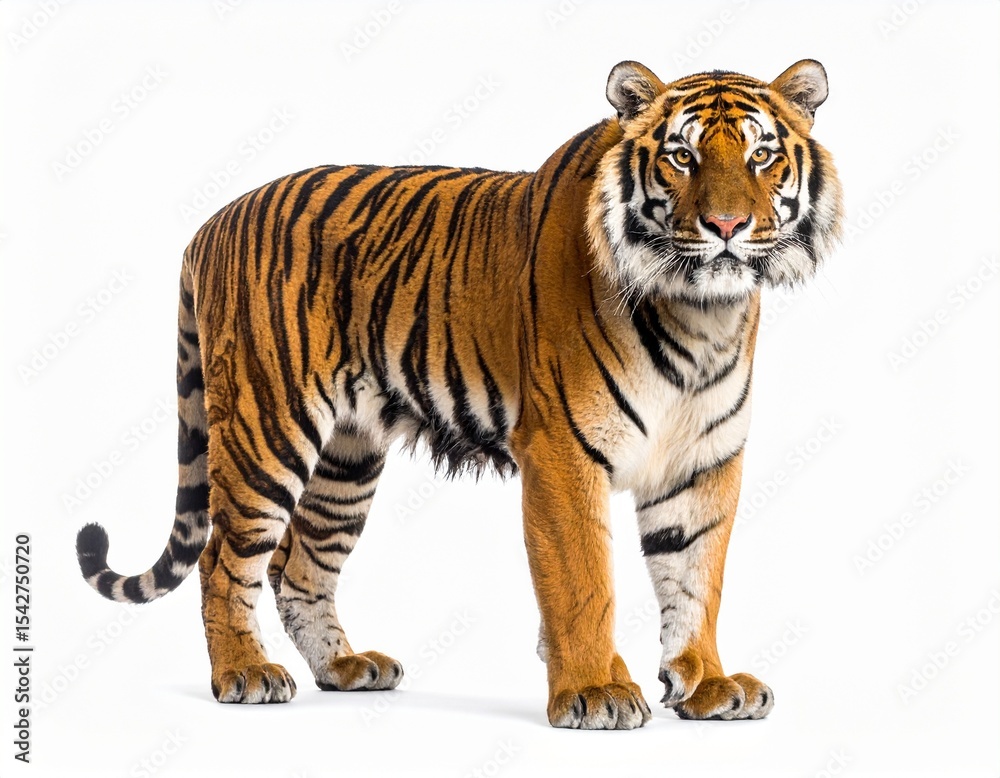 Obraz premium Realistic photo of a single tiger standing on a pure white background, full body, sharp details in fur and eyes