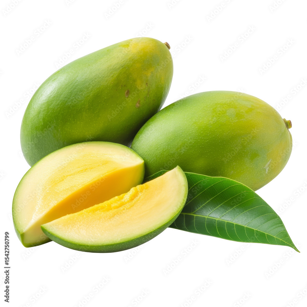 fresh green mangoes and slice on white background fresh green mangoes and slice on white background