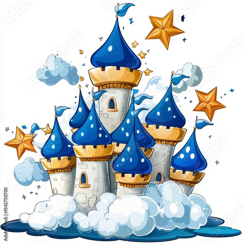 Enchanted Blue Castle in the Clouds Magical Fairytale Illustration
