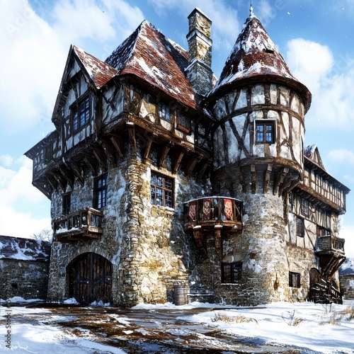 Majestic Medieval Manor House in Winter Wonderland Setting