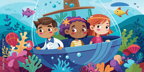 Children enjoy a unique underwater view from a glass bottom boat looking down at a vibrant coral reef