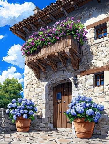 Charming Stone House with Flower-Filled Balcony and Hydrangeas