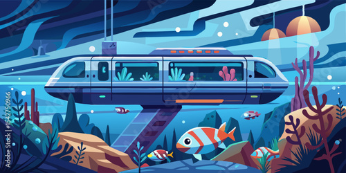 Futuristic Underwater Monorail glides through vibrant coral reefs with colorful fish swimming around its transparent tubes.