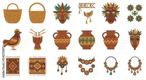 Collection of Native American-inspired cultural artifacts and symbols, including masks, pottery, baskets, and jewelry.