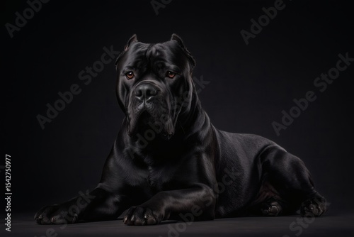 Cane corso lying down, Strong black mastiff on black, Calm but vigilant guard dog concept