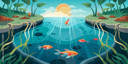 Stunning Underwater Koi Pond Scene Featuring Vibrant Fish Swimming Gracefully Among Aquatic Plants
