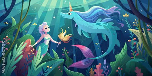 Magical Mermaid and Sea Unicorn gracefully float through a glowing underwater world a breathtaking fantasy scene