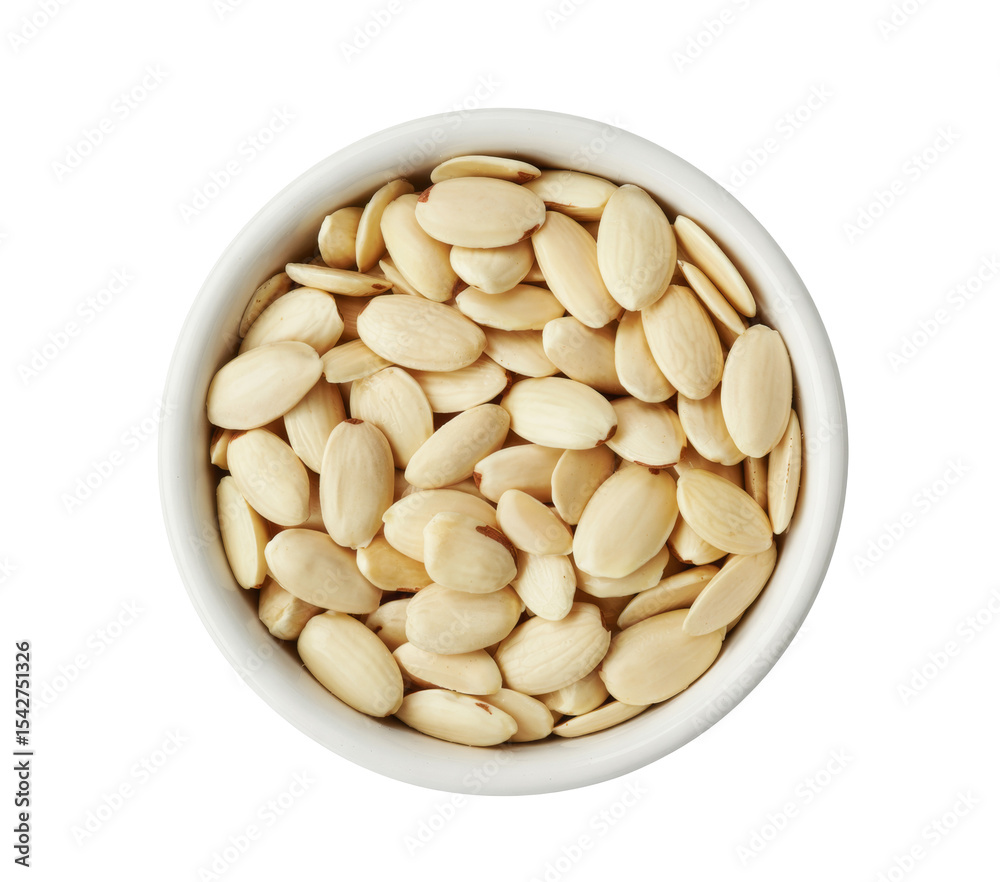 blanched almonds in white bowl on white background blanched almonds in white bowl on white background