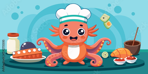 An underwater sushi chef octopus skillfully prepares delicious sushi rolls for hungry customers in an ocean scene