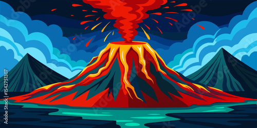 Dramatic Vector Art of an Underwater Volcano Eruption with Realistic Lava and Marine Life