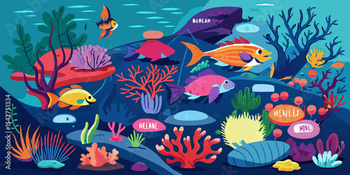 Detailed Vector Diagram Illustrating Coral Reef Zones with Labeled Marine Habitats and Ecosystems