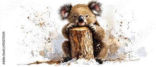 Adorable Koala Bear Cub Sitting on Tree Stump Watercolor Painting