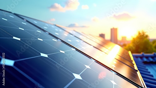 Rooftop solar panels gleaming in sunset
