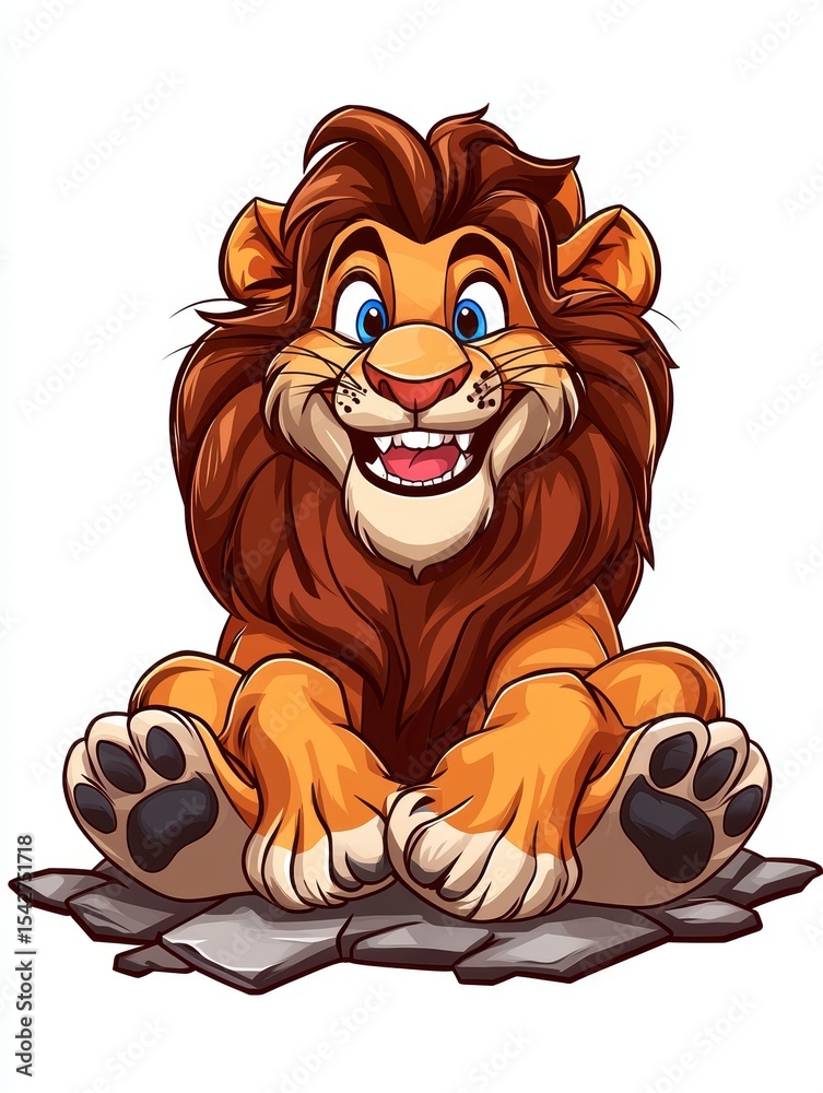 Fototapeta premium Adorable Cartoon Lion Cub Sitting on Rock, Happy Expression