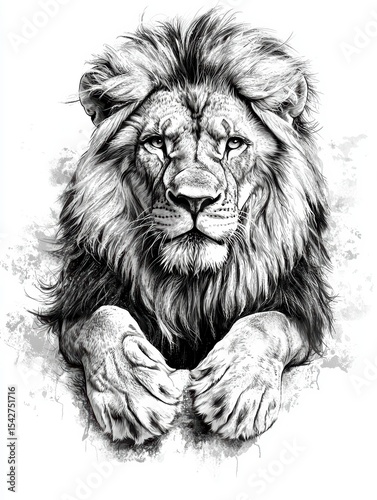Majestic Lion Pen and Ink Drawing of a Powerful King