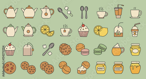 A collection of charming, hand-drawn icons depicting tea time treats and beverages.