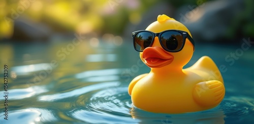 A Cool Rubber Duckie Floating Peacefully on Water with Sunglasses Enjoying a Sunny Day in a Serene Pond Surrounded by Nature