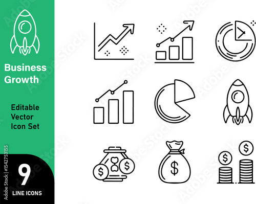 Business Growth Line Art Vector Editable Icon Set. Modern Thin Line Illustrations for Expansion, Success, and Strategic Development.

