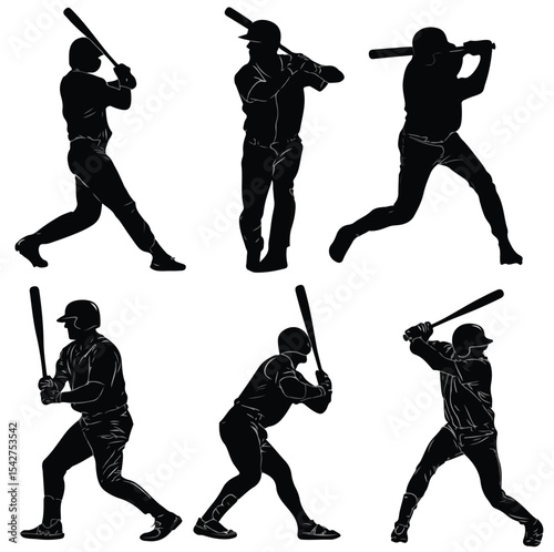 baseball batter silhouette set, Black & White silhouette set