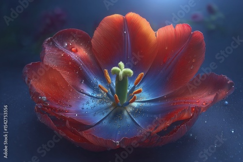 Vibrant tulip, glistening with water droplets, in a moody blue-toned setting