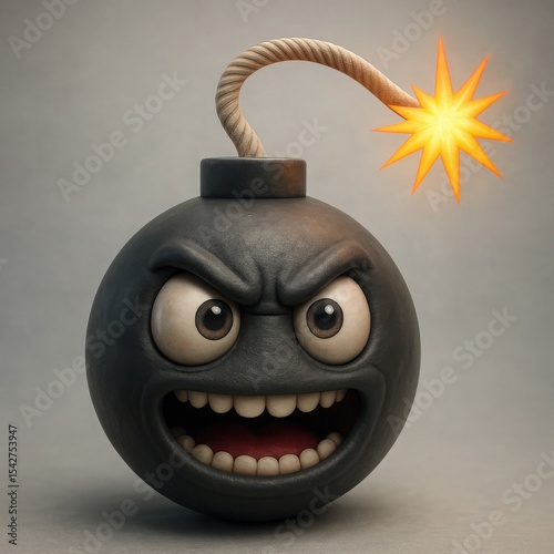 Cartoon Bomb Character with Wide Eyes and Grinning Teeth on Plain Background for Comic Book or Game Design