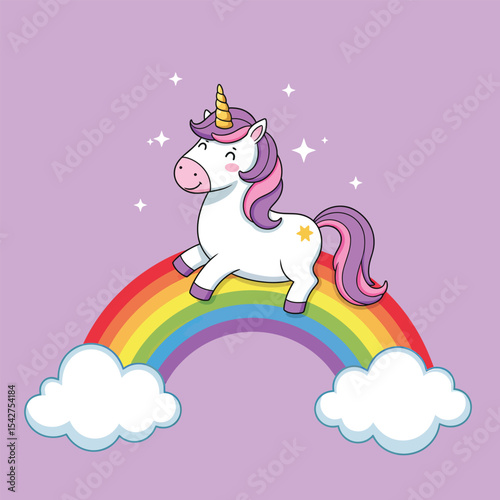 Cheerful Cartoon Unicorn Resting on Rainbow with Fluffy White Clouds vector illustration