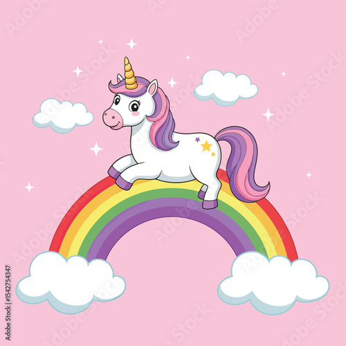 Cheerful Cartoon Unicorn Resting on Rainbow with Fluffy White Clouds vector illustration