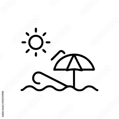 Icon of a sunny beach scene with an umbrella and waves in simple style