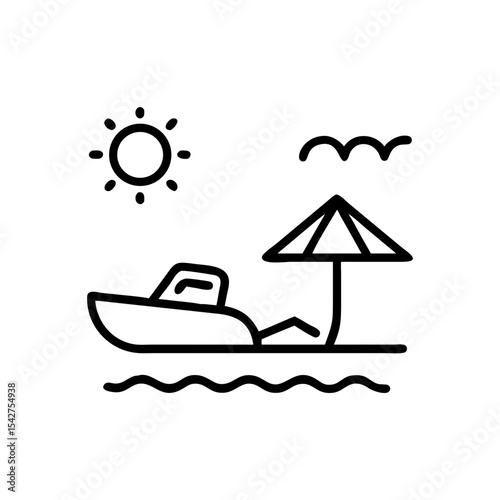 Illustration of a boat near the shore with a sun and beach umbrella