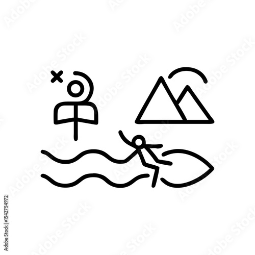 Stick figure surfing on a wave with mountains and a swimmer in the sea