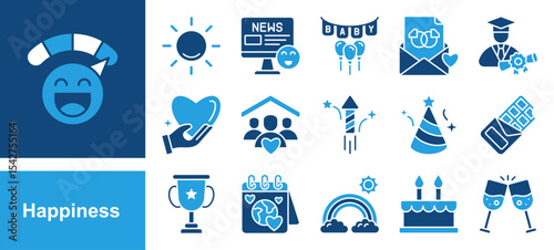 Happiness icon set with Sunshine, Good news, Family, Fireworks, Party hat, Cake, Happy.